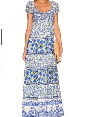 Alice + Olivia Blue and Green Floral Tiered Maxi Dress
